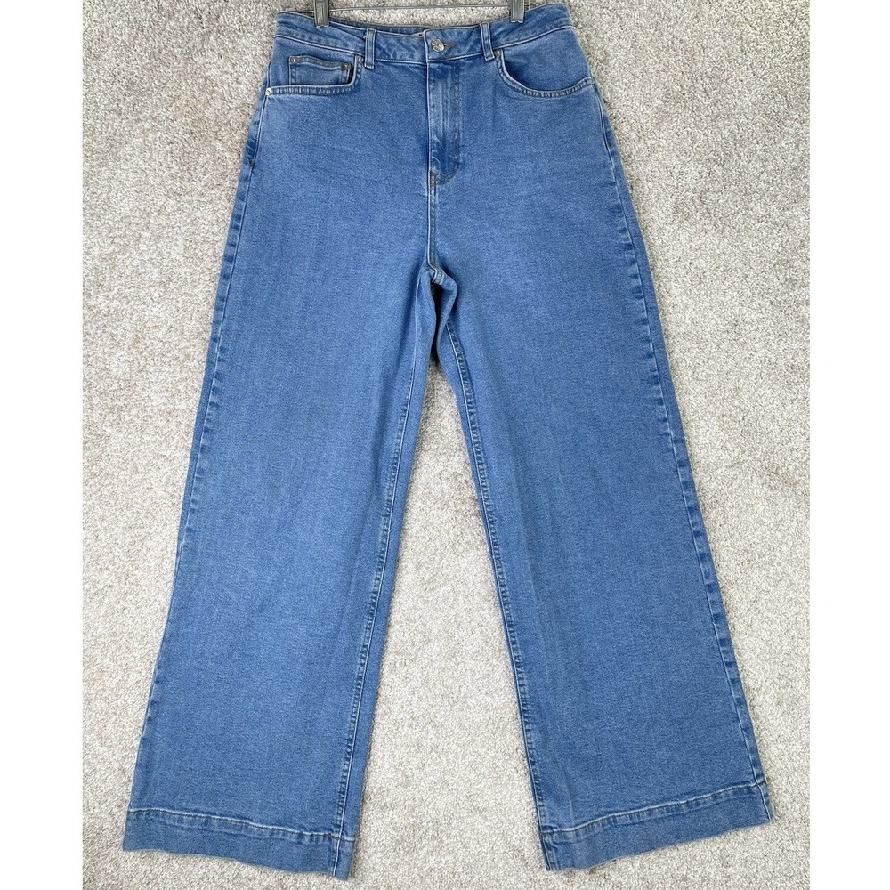 NA-KD Pleated Long Jeans Women Size 40 Blue High Waist Wide Leg Denim